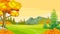 Autumn Landscape Forest View With Grass Field, Trees, and Mountain Range Cartoon Vector Illustration