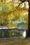 Autumn landscape. Gazebo for relaxing among the yellow autumn trees. The boats are moored to the shore of the lake. A