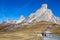 Autumn landscape at Giau pass with famous Ra Gusela,Nuvolau peaks in background,Dolomites, Italy.