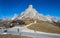 Autumn landscape at Giau pass with famous Ra Gusela,Nuvolau peaks in background,Dolomites, Italy.