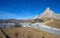 Autumn landscape at Giau pass with famous Ra Gusela,Nuvolau peaks in background,Dolomites, Italy,