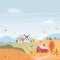 Autumn landscape with houses, trees, fields,and windmill. Countryside landscape. Vector illustration in flat style