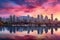 Autumn landscape of lake and city with colorful sky at sunset, Beautiful view of downtown Vancouver skyline, British Columbia,