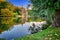 Autumn landscape with lake and old mansion