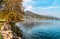 Autumn landscape of Lavena Ponte Tresa located on the western shore of lake Lugano-Ceresio..