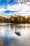 Autumn Landscape with A Lone Boat, Colorful Trees and Houses Reflected in Lake