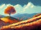 Autumn landscape with a lonely tree on a hillside. Digital painting. Generative AI