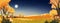 Autumn landscape at night Sky with full Moon,star and dark blue sky,Panoramic of mid autumn with farm field,mountain,wild grass