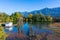 Autumn landscape with old wrecked pier in backwaters of the Columbia River