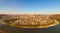 Autumn landscape panorama of the Zalishchyky town and canyon with Dnister River. Ternopil region, Ukraine