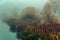Autumn landscape, quiet foggy morning by the river