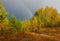 Autumn landscape. Rainbow over forest in sky