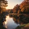 Autumn landscape with a river. Beautiful autumnal scene, fall made with Generative AI