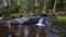 Autumn landscape - rocks covered with moss, fallen leaves. Mountain river with a waterfall