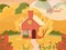 Autumn landscape scene with farm cottage house.