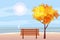 Autumn landscape on the sea, ocean, tree, wooden bench, sailboat panorama, autumnal mood, yellow, red, orange leaves