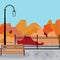 Autumn landscape street lamp bench and pigeons, lattice in the Park. Vector illustration