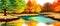 Autumn landscape with trees, mountains, fields, leaves. Rural landscape. Autumn background. Vector illustration