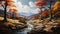 Autumn landscape vibrant trees, mountains, and tranquil pond generated by AI