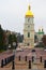 Autumn landscape view of ancient St. Sophia Cathedral with Belfry and famous Monument to Bohdan Khmelnytsky