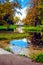 Autumn landscape with view of a Chinese gazebo Creaking arbour