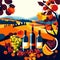 Autumn landscape with vineyards and bottles of wine. Vector illustration AI Generated