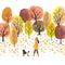 Autumn landscape. Watercolor vector illustration of autumn park and woman walking with a dog