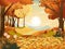 Autumn landscape wonderland forest with grass land, Mid autumn natural in orange foliage, Fall season with beautiful panoramic