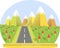 Autumn landscape, yellow mountain with white top, green valleys, red mushrooms grey road, flat design stock