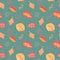 Autumn leaf floral seamless pattern. Yellow red leaf on dusty blue background. Fall leaf crayon handdrawn illustration