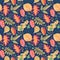 Autumn leaf floral seamless pattern. Yellow red leaves on dark blue background. Fall leaf crayon handdrawn illustration.