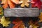 Autumn leaf on wood black background top view orange leaf on old grunge wood deck, copy place for inscription, tablet for text