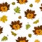 Autumn leaves and application of a hedgehog from autumn leaves. Seamless patterns