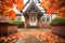 autumn leaves around tudor gable entrance