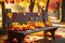 Autumn Leaves Cascading Around a Rustic Wooden Bench: Amber, Crimson, and Gold Hues Dominate, Nestling in Nature\\\'s Embrace