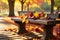 Autumn Leaves Cascading Around a Rustic Wooden Bench: Amber, Crimson, and Gold Hues Dominate, Nestling in Nature\\\'s Embrace