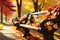 Autumn Leaves Cascading Around a Rustic Wooden Bench: Amber, Crimson, and Gold Hues Dominate, Nestling in Nature\\\'s Embrace