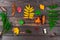 Autumn leaves, cones, mushrooms and berries in a composition on a wooden table - objects of forest flora