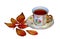 Autumn leaves of different colors, near a beautiful cup with tea.