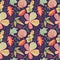 Autumn leaves floral seamless pattern. Vibrant leaves on blue background. Falling leaf crayon handdrawn illustration