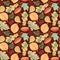 Autumn leaves floral seamless pattern. Vibrant leaves on warm brown background. Fall leaf crayon handdrawn illustration