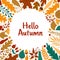 Autumn leaves frame. Hello autumn banner with red or yellow leaves, berries, acorns. Oak, maple fall foliage round