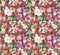 Autumn leaves, gnomes in fall, flowers. Floral seamless pattern with yellow leaf, magical dwarf and meadow blossom