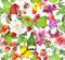 Autumn leaves, gnomes, flowers. Floral seamless pattern with yellow leaf, magical dwarf and meadow blossom. Vintage watercolor