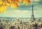 Autumn leaves in Paris and Eiffel tower