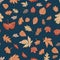 Autumn leaves pattern on dark blue green backgrpound. Vector seamless pattern for textile, wrapping paper, decoration