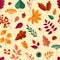Autumn leaves pattern. Seamless texture of flying foliage. Maple and oak branches. Chestnut or rosehip berries. Rowan