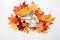 autumn leaves pieced together to form a house on white paper