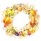 Autumn leaves and pumpkins wreath with space text on white background. Seasonal floral maple oak tree orange leaves with