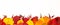 Autumn leaves and rose hips are located at the bottom on a white background. Autumnal isolated composition. Banner red and yellow